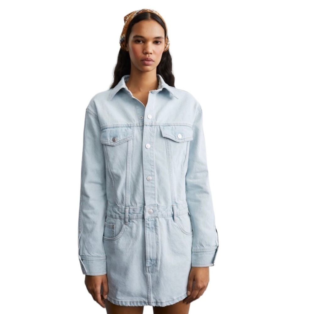 NWT Zara Light Blue Denim Long Sleeve Short Dress Size M - Picture 7 of 8